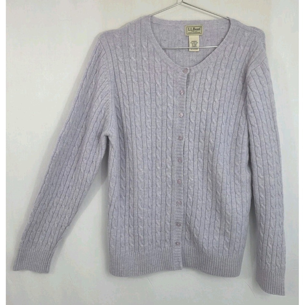VTG LL Bean Cardigan Size XL Lilac Purple Button Up Cable Knit Sweater Fisherman